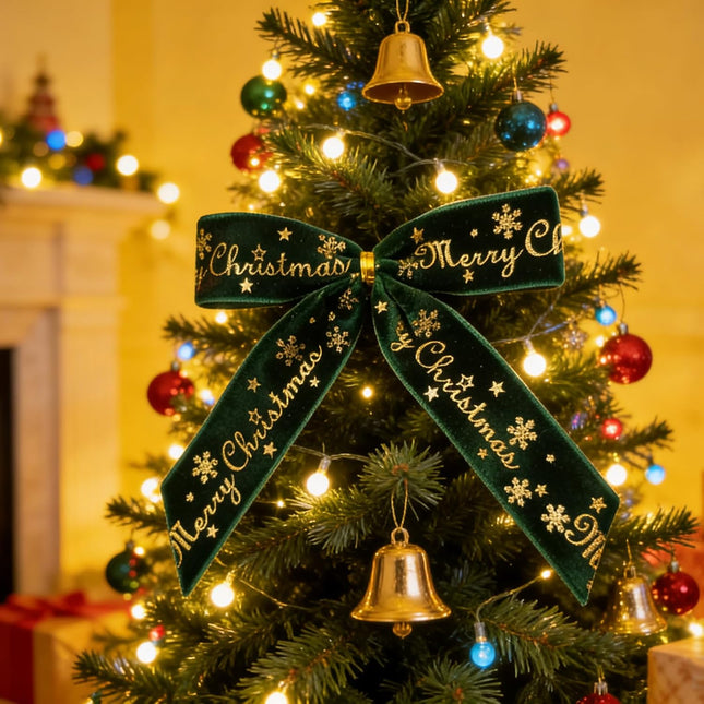 12 Pack Green Velvet Christmas Bows with Gold Merry Christmas Ornaments