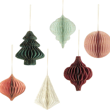 6PCS Mini 3D Glitter Paper Ornaments – Red & Green Xmas Tree Decorations