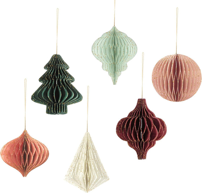 6PCS Mini 3D Glitter Paper Ornaments – Red & Green Xmas Tree Decorations