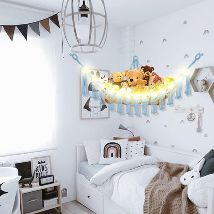 Stuffed Animal Storage Hammock – LED Light Plushie Net for Kids Room Decor (Baby Blue)