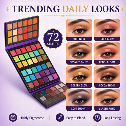 72-Color Eyeshadow Palette, 4-in-1 Matte Shimmer Glitter, Highly Pigmented & Blendable