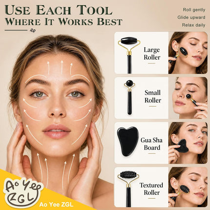3-Pc Jade Face Roller & Gua Sha Set with Massage Ball for Facial Care