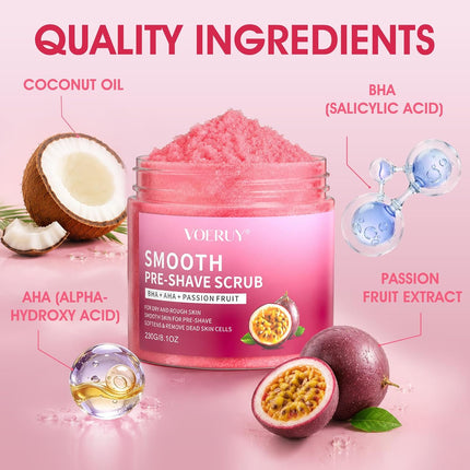 Pre-Shave Bikini Scrub 8.1oz, AHA BHA Passion Fruit & Sea Salt Exfoliant