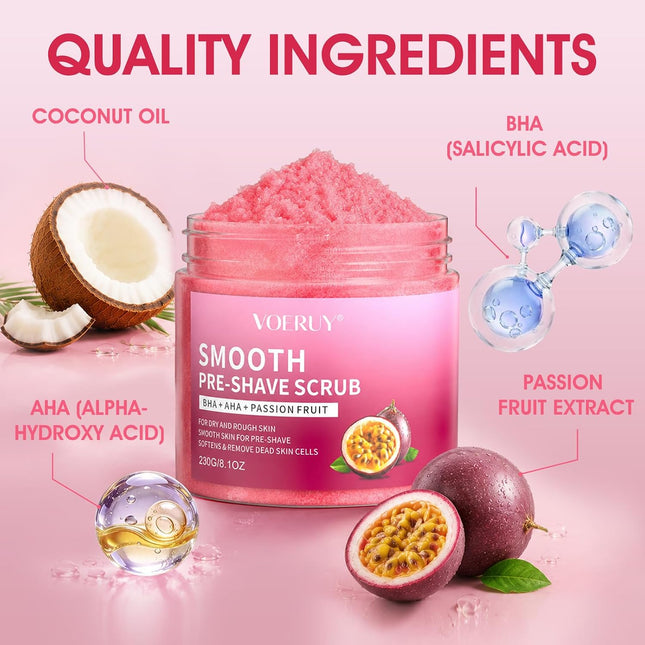 Pre-Shave Bikini Scrub 8.1oz, AHA BHA Passion Fruit & Sea Salt Exfoliant
