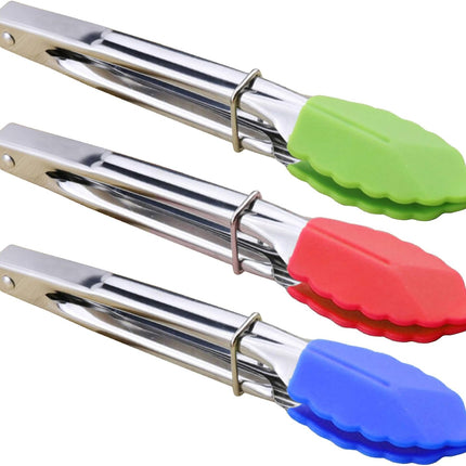 7 Inch Mini Silicone Tip Serving Tongs Set of 3 Green Red Blue Kitchen