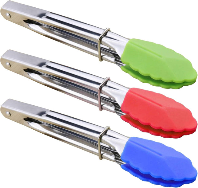 7 Inch Mini Silicone Tip Serving Tongs Set of 3 Green Red Blue Kitchen