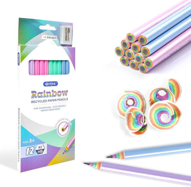 12-Count Pre-Sharpened Rainbow Paper Pencils – #2 with Erasers for School & Writing
