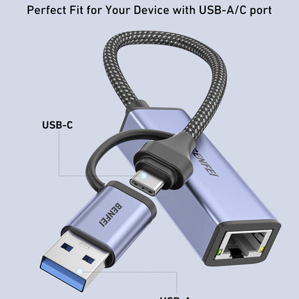 USB 3.0 to Gigabit Ethernet Adapter USB C to RJ45 LAN for MacBook Windows