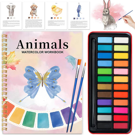 Watercolor Workbook for Beginners – 24 Colors, Animal Painting Kit