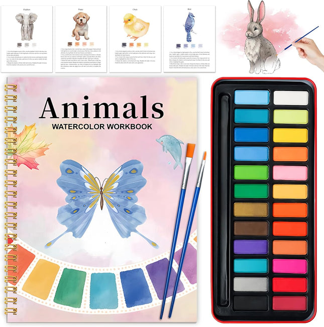 Watercolor Workbook for Beginners – 24 Colors, Animal Painting Kit