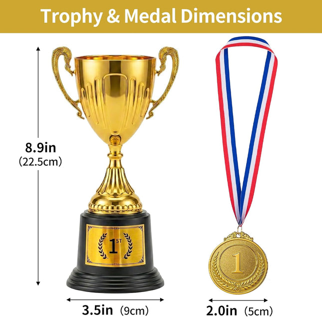 1st Place Gold Trophy and Medal Set, 8.86 Inch Plastic Winner Cup for Sports Awards