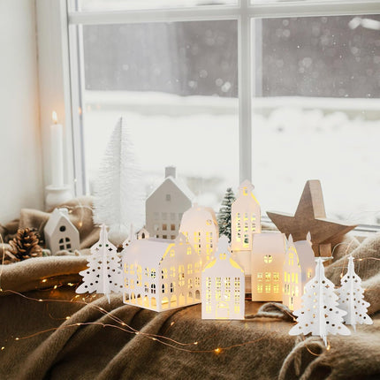 10PCS Lighted Xmas Village Houses – 3D Winter Paper Decoration Set