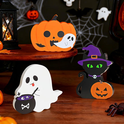 3-Piece Cute Halloween Wooden Decor, Ghost & Pumpkin Tabletop Tiered Tray Signs