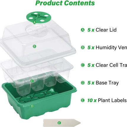 5 Pack Seed Starter Trays, 12 Cell, Humidity Dome, Adjustable Vents, Green