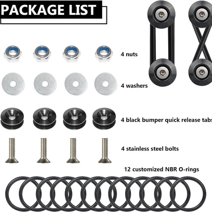 Universal Bumper Quick Release Clips, 4 Black Tabs & 12 O-Rings for Cars