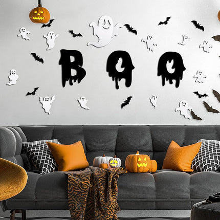 25-Piece Halloween Ghost & Bat Wall Stickers, BOO 3D Window Decals for Home Decor