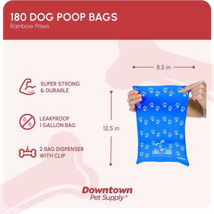 Leak-Proof Dog Waste Bags with Bone Dispenser – 180 Count, Rainbow & Paw Prints