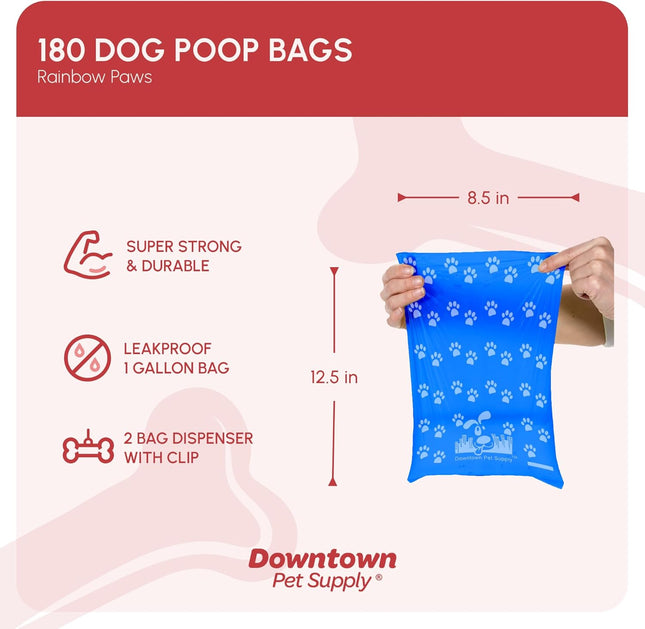 Leak-Proof Dog Waste Bags with Bone Dispenser – 180 Count, Rainbow & Paw Prints