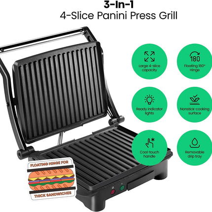4 Slice Panini Press Grill Opens Sandwich Maker 180 Degrees with Drip Tray Black