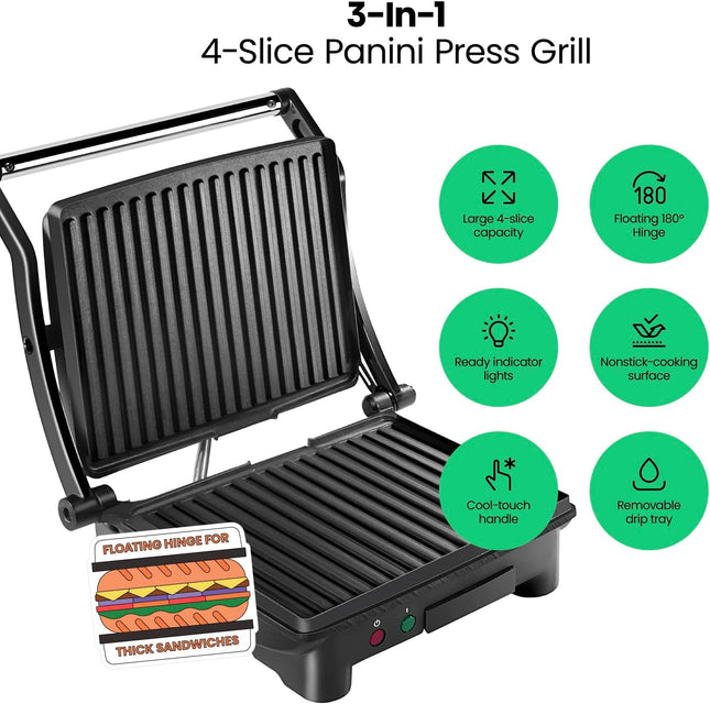 4 Slice Panini Press Grill Opens Sandwich Maker 180 Degrees with Drip Tray Black