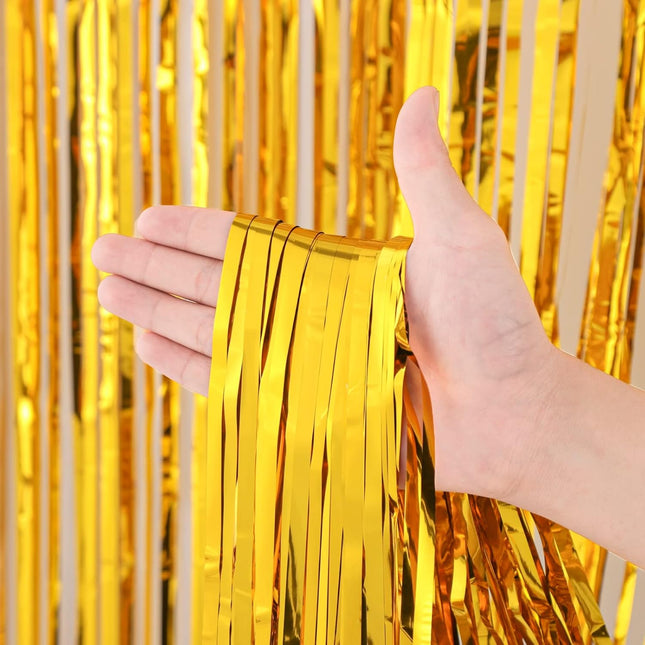 3 Pack Gold Foil Fringe Backdrop Curtains 3.3x8.2 Ft Tinsel Streamers Party