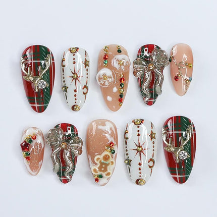 24PCS Christmas Fake Nails – Luxury Handmade Press-On Nails with 3D Bow, Elk & Rhinestone Charms