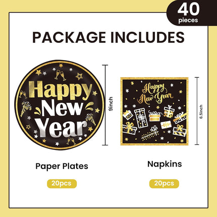 40 PCS Happy New Year 2025 Plates & Napkins Disposable Party Tableware Set