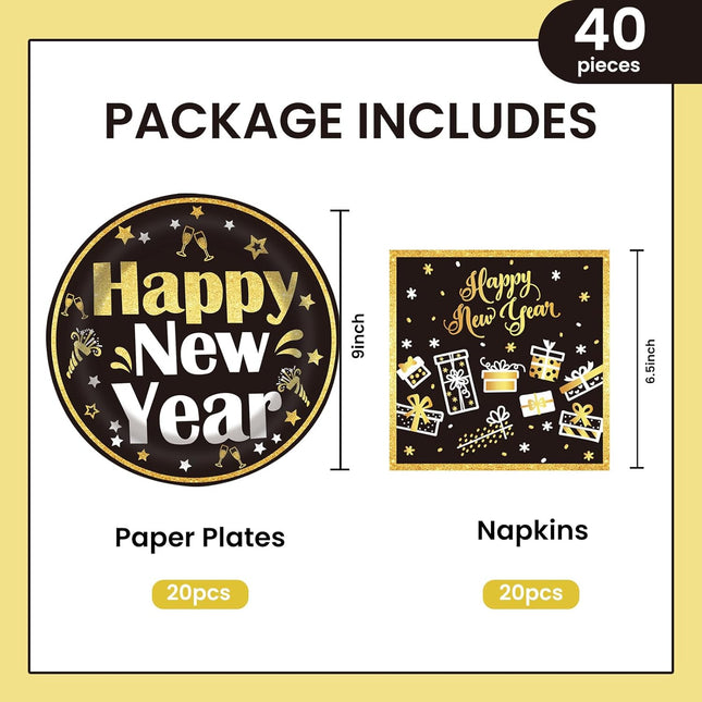 40 PCS Happy New Year 2025 Plates & Napkins Disposable Party Tableware Set