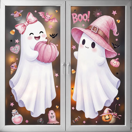 2-Sheet 3.3FT Pink Halloween Ghost Window Clings, Bat Cat Pumpkin Decals