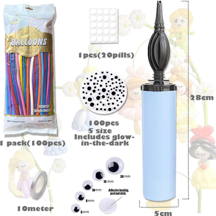 100pcs Long Balloons Kit with Pump – Rainbow Colors for Twisting & Party Fun