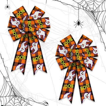 2-Piece Halloween Wreath Bows, Ghost Boo Plaid Burlap Linen Ribbon Home Decor