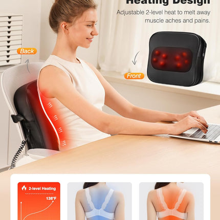 Back Massager with Heat & Shiatsu Deep Tissue Kneading Pillow for Neck & Shoulders