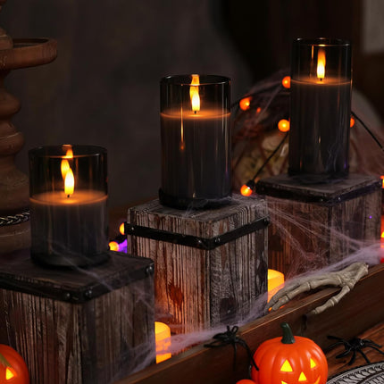 Grey Glass Flameless Candles – LED Pillar with Remote, Timer, Set of 3 (D3xH4, 5, 6)