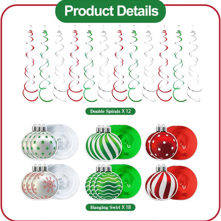 30PCS Christmas Hanging Swirls – Red Green Silver Ceiling Decorations for Parties