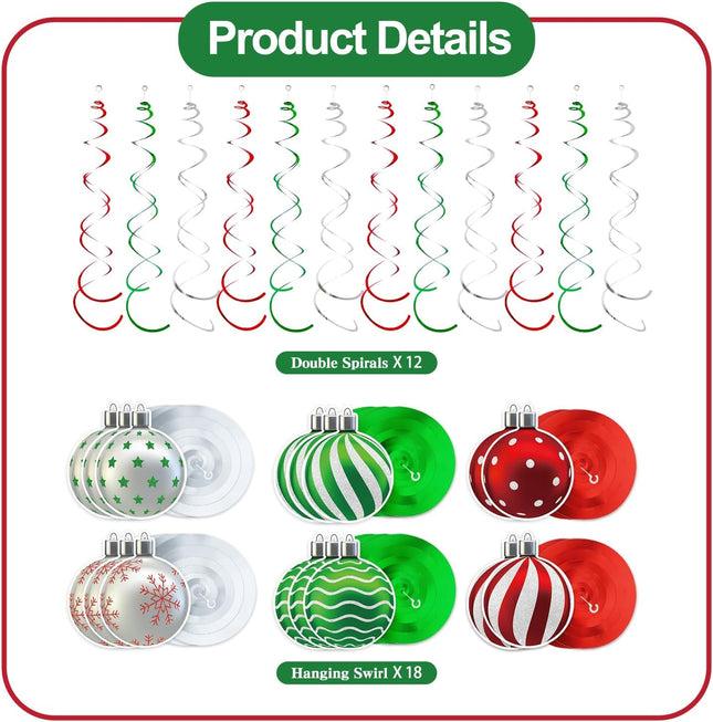30PCS Christmas Hanging Swirls – Red Green Silver Ceiling Decorations for Parties