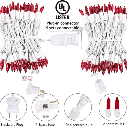 Red Mini Christmas Lights 100 Count – 26.5ft Plug-In, White Wire, Waterproof Bulbs