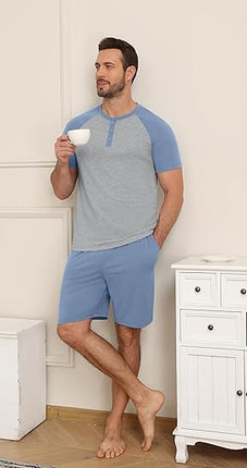 Men’s 2 Piece Henley Pajama Set Lightweight Short Sleeve Sleepwear