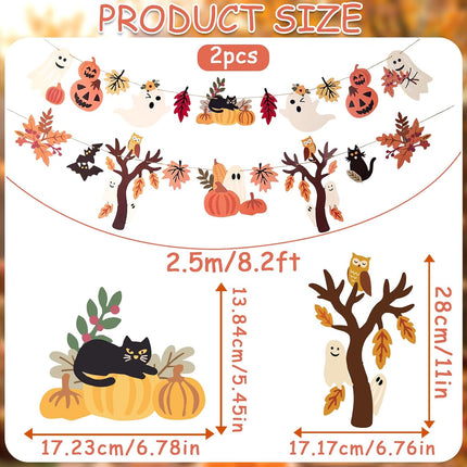 2-Piece Halloween Fall Ghost Pumpkin Maple Leaf Paper Banner Bunting Decor
