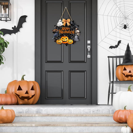 Halloween Wooden Wreath Welcome Sign, Spider Web Ghost Cat Pumpkin Front Door Decor