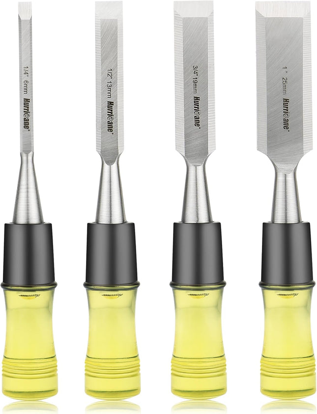 4-Piece Wood Chisel Set – CR-V Steel Blades with Safety Caps & PVC Handles