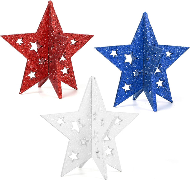 6 Inch Wooden Star Decorations Set of 3 Patriotic Labor Day Table Decor