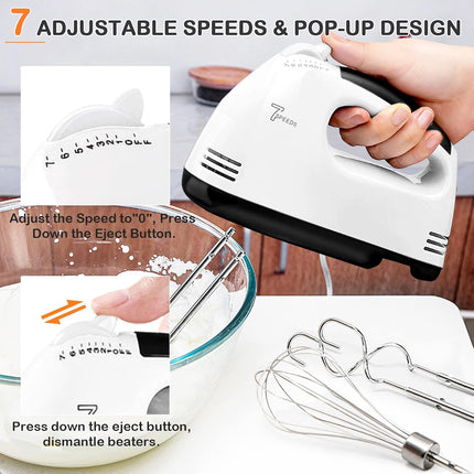 180W Electric Hand Mixer 7-Speed with Turbo Boost, 5 Stainless Steel Attachments Off-White
