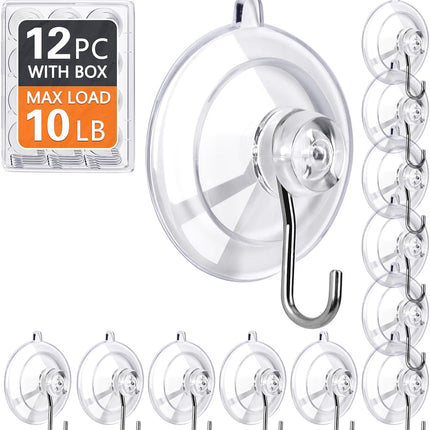 12-Pack Suction Cup Hooks – Clear 1.77" Medium, 10LB, Reusable & Removable