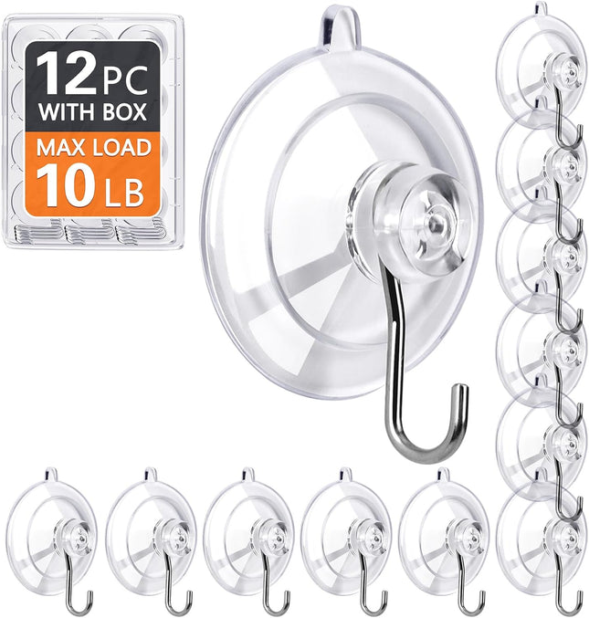 12-Pack Suction Cup Hooks – Clear 1.77" Medium, 10LB, Reusable & Removable