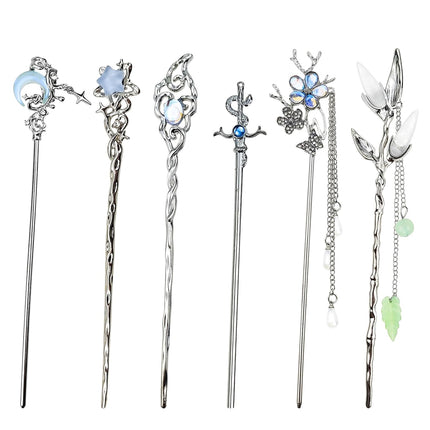 6PCS Star Moon Hair Sticks, Metal Chinese Hair Chopsticks for Buns & Updos, Silver