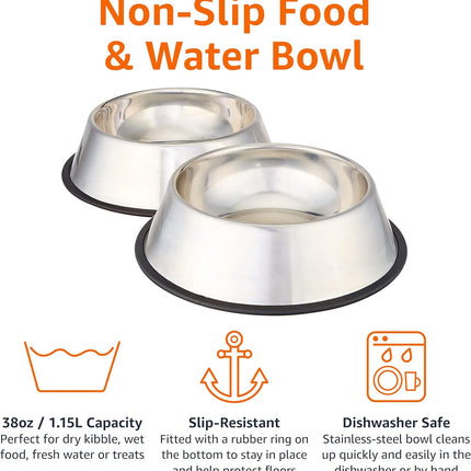 2-Pack Stainless Steel Dog Bowls, Non-Skid, 38oz Each, 10"x2.8"