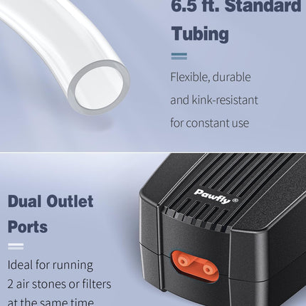 Adjustable Aquarium Air Pump 50 GPH Dual Outlet, Ultra Quiet 1.25W Fish Tank Aerator