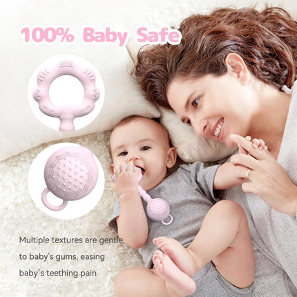 2-in-1 Baby Teether Rattle Toy, Food Grade Silicone Rattle 0-12 Months