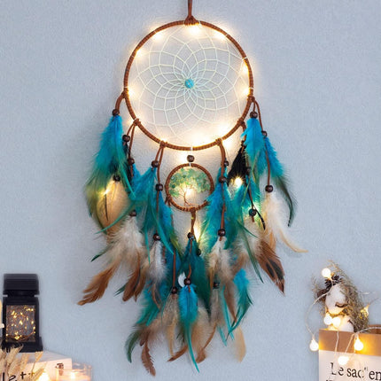 Blue Tree of Life Dream Catcher with Feathers, Quartz Beads and LED Fairy Lights
