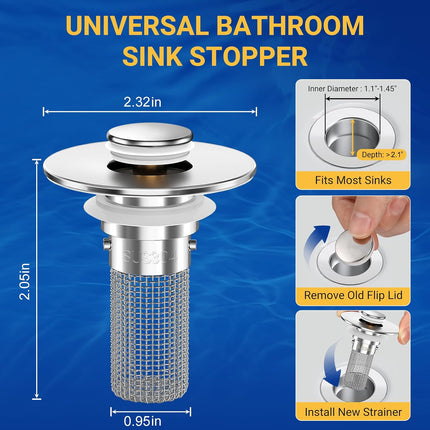 2PCS Bathroom Sink Drain Stopper Strainer, Stainless Steel Hair Catcher, Universal